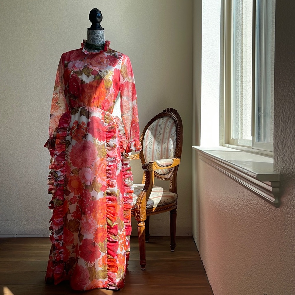 Vintage 1960s Small Floral Full Length Sheer Gown with Ruffle Detail - 60s Pink